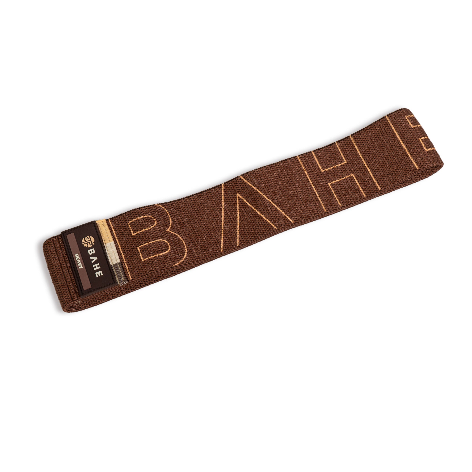 A brown fabric resistance band with the brand name 'BAHE' printed in white letters.